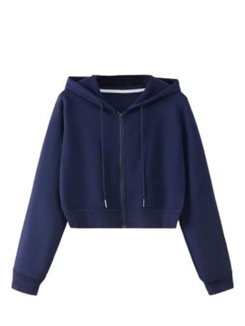 Image of Solid Long Hooded Neck Hoodie Zipper Crop Jacket for Women's