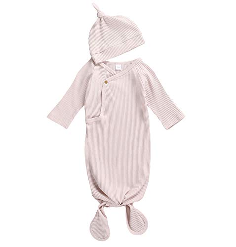 Baby Boys Girls Sleeping Gown with Cap Sleepwear Floral Knotted Sleeper Nightgown Long Sleeve Pajamas Set (G-Pink, 0-3M)