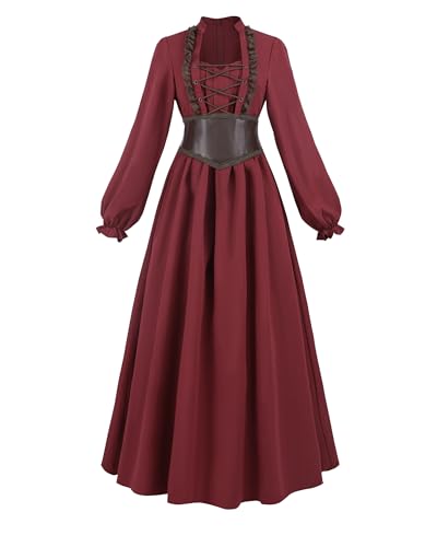 FCCAM Mittelalter Kleid Damen Kleider 19 Jahrhundert Königin Kostüm Damen Korsettkleid Lang Rot,S