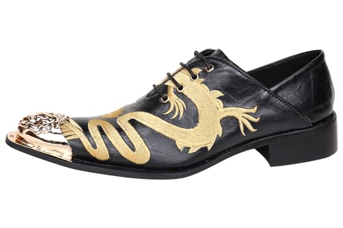 Santimon Mens Western Pointed Toe Leather Lace Up Dress Shoes Fashion Embroidery Metal Tip Oxford3
