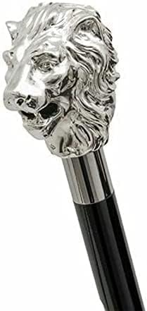 Canne de marche bois et métal massif avec tête de lion 91 cm