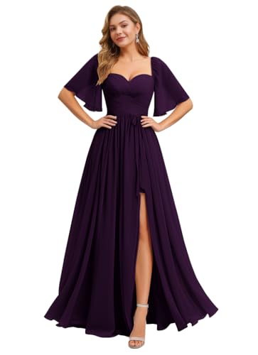 Image of IIF Women's Chiffon Bridesmaid Dresses for Wedding Flutter Sleeves Ruched A Line Long Formal Dress with Slit IIF149