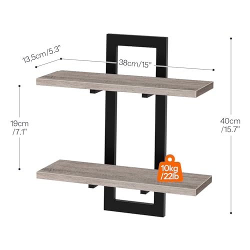 Image of HOOBRO Floating Shelves, 15 Inch Wall Shelf Set of 4, Wall Mounted Storage Shelves 2-Tier, Hanging Bathroom Shelves, for Living Room, Bedroom, Bathroom, Kitchen, Greige and Black BG32BJP401