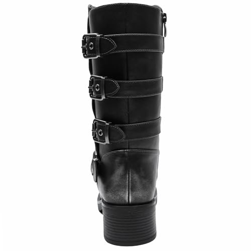 Image of GLOBALWIN Chunky Mid Calf Fashion Dressy Motocycle Biker Military Style Combat Boots for Women Low Heel