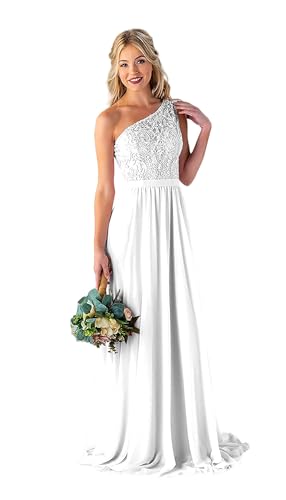 Image of LANGKAAO Women's One Shoulder Bridesmaid Dresses Long for Wedding with Pockets Lace Bodice A-Line Chiffon Formal Party Gown