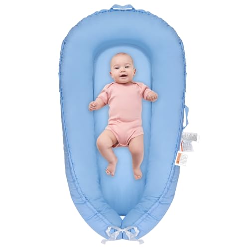 Image of PLKMGF Baby Lounger for Newborn, 100% Cotton Soft Breathable Baby Lounger Newborn Essentials for 0-24 Months, Portable Infant Lounger Baby Nest Cover for Girls & Boys, Co Sleeper for Baby in Bed,Blue