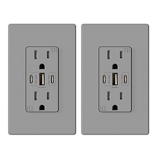 Image of ELEGRP USB Outlets, 30W 6.0 Amp USB C Outlets Receptacles, 3-Port USB Wall Outlet, 15 Amp Tamper-Resistant Outlet with 2 USB C Ports, UL Listed, Screwless Wall Plate Included, 2 Pack, Matte Grey