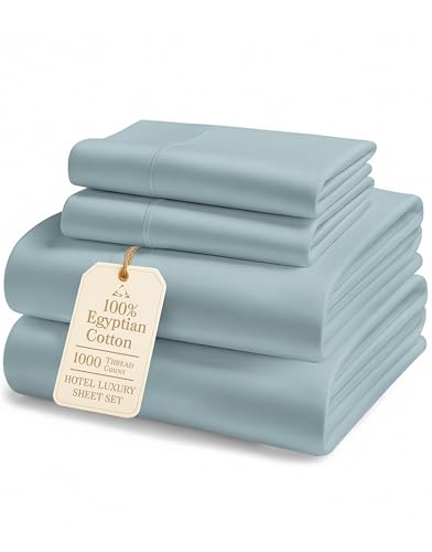 100% Egyptian Cotton Queen Size Sheet Set - 1000 Thread Count Silky Sateen Weave Naturally Breathable & Durable Winter Comfort, Hotel Soft Luxury Comfort with 15' Deep Pocket Queen Sheets -French Blue