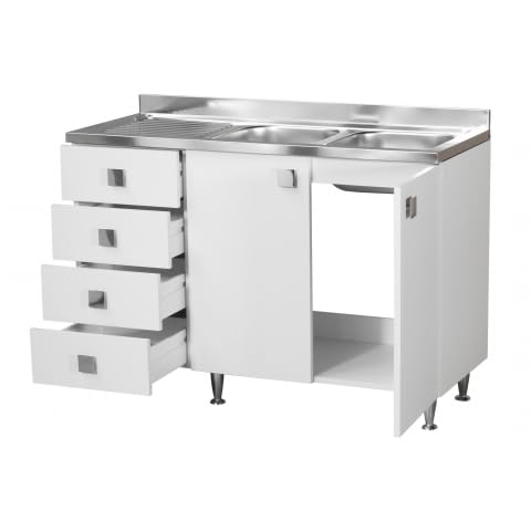 Mobile da Cucina con Lavello in Acciaio Inox 2 Vasche, 2 Ante e 4 Cassetti Bianchi Effetto Legno, Gocciolatoio, 120x50x88 cm (VASCHE A DESTRA)