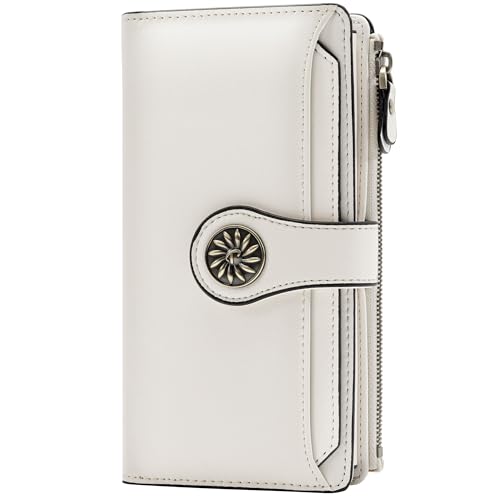 Travelambo Wallets Women RFID Large Capacity Luxury Waxed Leather Clutch Wallet Multi Card Organizer(Light Purple + Beige)3