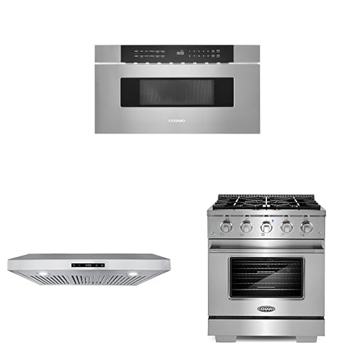 COSMO 3-Piece Kitchen Appliance Packages, 30" Microwave Drawer No Handle with 1000 Watts Cooking Power, 30" Under Cabinet Range Hood and 30" Gas Range