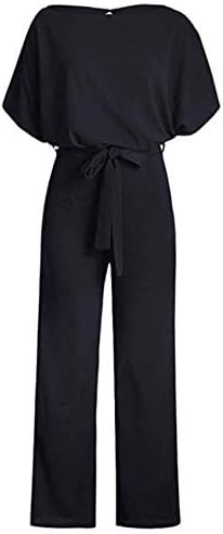 Women Dressy Jumpsuits Short Sleeve Belted Wide Leg Pant Crew Neck Elegant Romper - Image 3