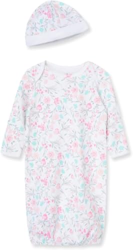 Image of Little Me Clothes for Baby Girls' 2-Piece Nightgown and Cap Set 100% Cotton with Elastic Bottom, Baby Essentials, 0-3 Months