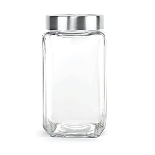 Image of CELLO Qube Fresh Glass Storage Jar | Container with Air tight Silver Metal Lid | Multipurpose Jar | For Storage of Food, Pulses, Spice, Cereals, Cookies, Dry Food | 1000ml, Clear (Pack of 2)