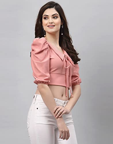 Image of Mehrang Women's Solid Ribbed Crop Tank Top Ribbed Tops for Women V-Neck 3 /4th Balloon Sleeves