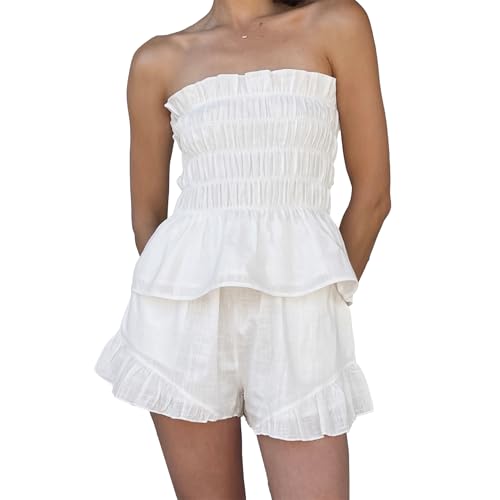 Miqil Women Ruffle Shorts Set Y2K Sleeveless Elastic Ruched Hem Tube Top Shorts 2 Piece Cute Summer Lounge Suit Streetwear