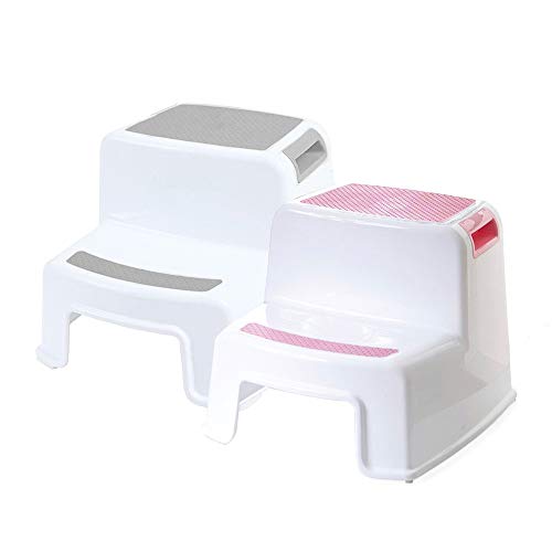 SINCOS 2 Step Step Stools for Kids - Toddler Step Stools for Toilet Potty Training, Bathroom and Kitchen - Slip Resistant Soft Grip for Safety, Stackable (2 Pack, Grey+Pink)