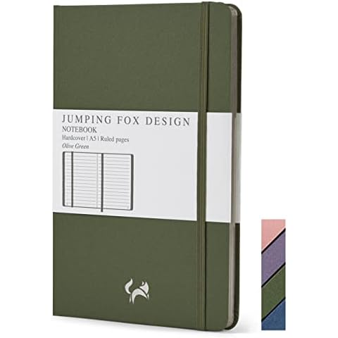 Jumping Fox Design Premium A5 Hardcover Lined Notebook Journal, Medium 5.6 x 8.4 inches, 100gsm Quality Paper, Numbered Pages, Inner Pocket, Unique Leatherette, Olive Green Cover