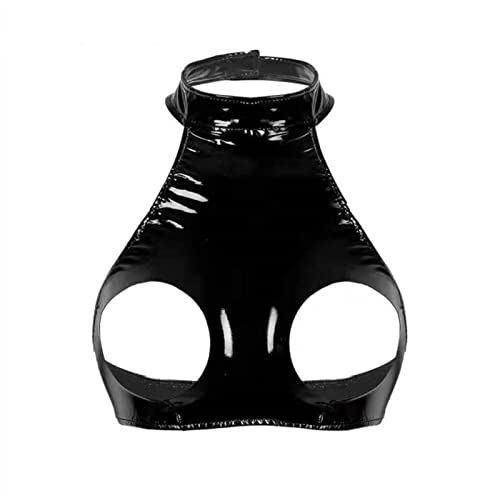 MENGQING Sexy PVC Camisole Open Cup Nipple Exposed Glossy Latex Halter Neck Crop Tank Tops-Breast exposing,S