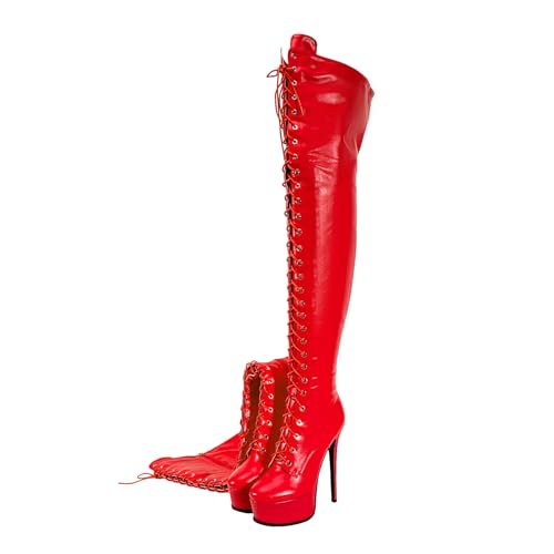 Image of Shiny leather Thigh high boots for Women Stiletto heel Platform Over the knee Round toe back zipper Sexy Front Strappy high heel Cosplay Custume unisex boots