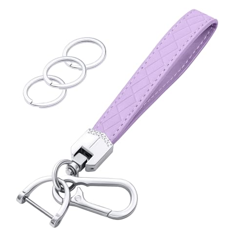 OHKYOOT Leather Wristlet Keychain,Car Key Chain Wrist Keychain with 3 Key Ring and Anti-Lost D Ring (Purple)