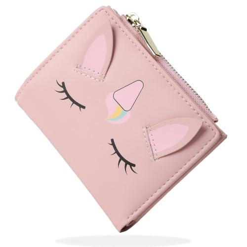 Image of Small Womens Wallet, Cute Bifold RFID Blocking Vegan Wallet for Teen Girls Ladies with Zipper Coin Pocket (Unicorn Pink)