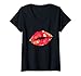 Damen Kristallisierte lebendige orangefarbene Lippen küssen Valentine Love Vibe T-Shirt mit V-Ausschnitt