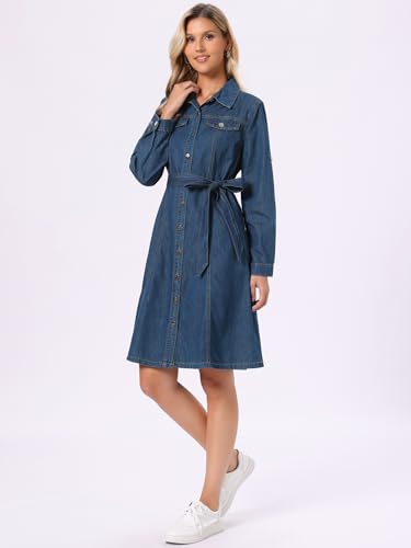 Image of Allegra K Denim Dress for Women's Long Sleeve Button Down A-Line Belted Classic Jean Dresses