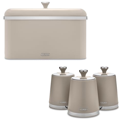 tower Cavaletto Modern & Contemporary Bread Bin and Set of 3 Tea, Coffee & Sugar Canisters. Kitchen Storage Set in Stylish Latte with Chrome Accents