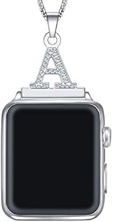 Callancity 2in1 Zircon Alphabet Letter A-Z Necklace Pendant Watch Connector Adapter Stainless Steel Box Chain Compatible for Apple Watch Series 8/7/6/5/4/3 42mm 44mm 45mm 49mm