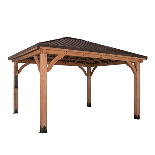 Backyard Discovery Barrington 14' x 12' Cedar Wood Outdoor Gazebo Pavilion with Hardtop Galvanized Steel Hip Roof, Snow Support, Wind Resistance, PowerPort, Shade for Garden, Patio, Deck, Entertaining