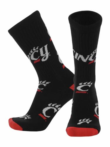 TCK Cincinnati Bearcats Crew Socks - Mens & Womens NCAA Fan Apparel - Mayhem (Black/Scarlet/White Made in USA Medium)