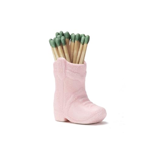 Cowboy Boot Match Holder With Striker for decorative matchsticks Ceramic Cowgirl Boot Decor Aesthetic Small Cute Matchstick Box Western Decorative Mini Matchesboxes For Bathroom Fireplace (Pink)