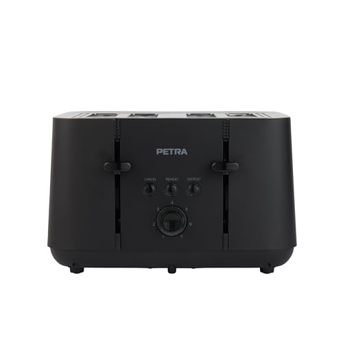 Immagine prodotto: Petra PT5565MBLKVDE - Tostapane a 4 slot per tostapane autocentranti per il pane, funzione anti-polvere, 7 livelli, scongelamento/reintegrazione/annullamento, cassetto briciole, 1850 W, colore: Nero