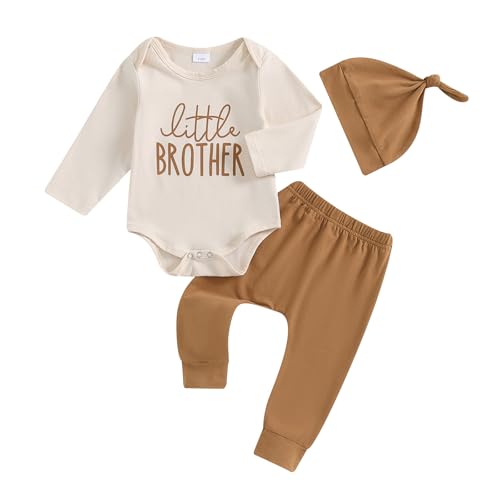 Ayalinggo Little Brother Newborn Outfit Baby Boy Lil Bro T Shirt Romper Long Pants Set Hat Infant little Summer Clothes (Khaki, Newborn)
