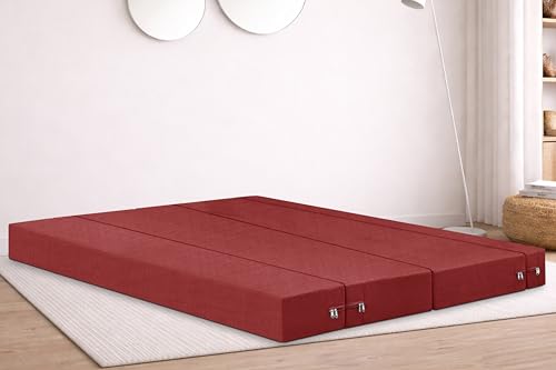 Image of Rosebell Four Seater Foldable Sofa Cum Bed (6x6 Feet) ? Jute Fabric, Washable Removable Cover, Includes Cushion | Space Saving Convertible Sofa Bed for Home, Office & Guests - Red