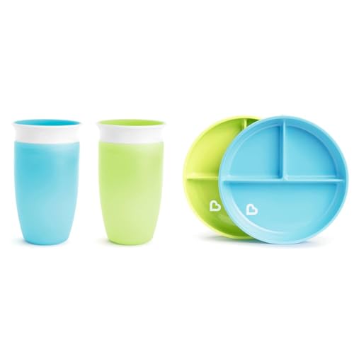 Munchkin Miracle 360 Sippy Cup 2 Pack and Stay Put Suction Toddler Plates, 10 Ounce Green/Blue and Blue/Green image 2