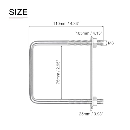 Image of DTGN M8x75x110mm(ThreadxWxL) Square U Bolt - 2Pack - Good for Trailer Pipe Replacement Parts - 304 Stainless Steel U Shape Bolts