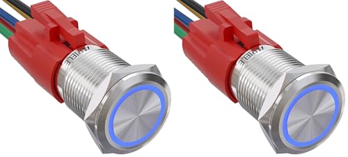 Image of APIELE 16mm Latching Push Button Switch 12V DC On Off Stainless Steel with LED Angel Eye Head for 0.63 inch Mounting Hole with Wire Socket Plug Self-Locking(Blue) (Pack of 2)