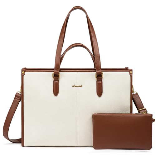 LOVEVOOK Women's Laptop Tote with Clutch, Vintage Leather Work Bag for Business or Office Use