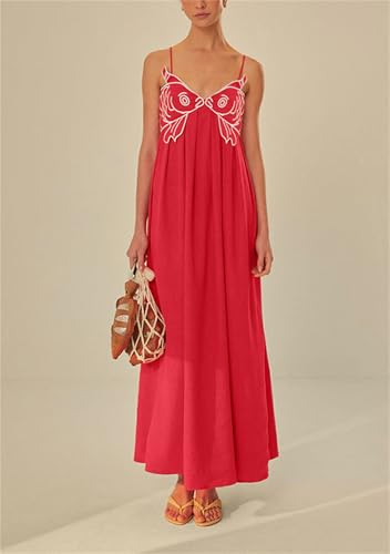 Image of Yuemengxuan Boho Maxi Dresses for Women Spaghetti Strap Flowy Smocked Long Dress Casual Summer Vacation Beach Maxi Dress