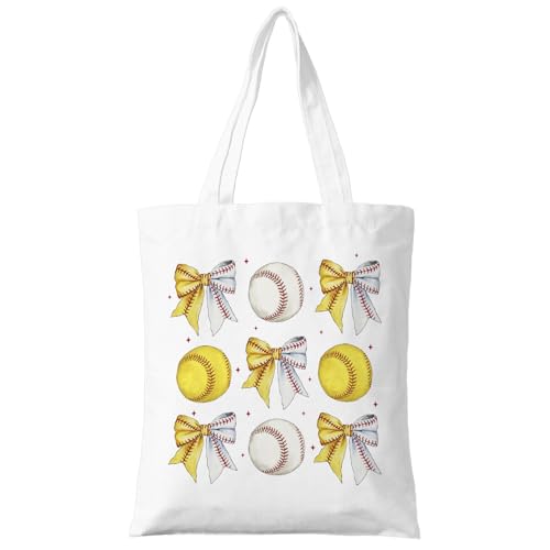 ZYQFN Softball Bow Tote Bag - Cute Trendy Gift for Softball Moms & Players - Reusable Game Day Canvas Bag - Team Spirit Sideline Essential for Practice & Tournaments. (152)