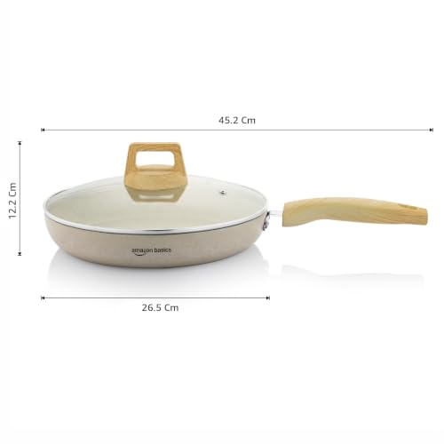Image of Amazon Basics Non Stick Ceramic Frying Pan 26 cm with Lid | 5 Layer Coating | Wooden Finish Bakelite Handle | Induction & Gas Compatible | Low Oil Cooking | Durable Flat Base | Ivory