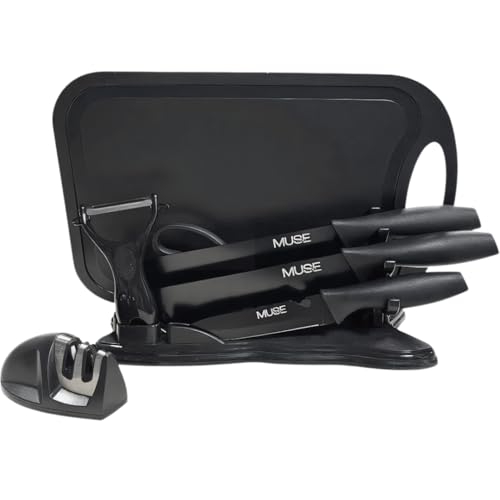 Muse Home Juego de Cuchillos de Cocina Profesional 8 Piezas con Soporte, Pelador y Afilador, Set Completo de Cuchillos para Carne y Cocina