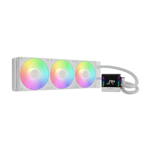 GAMDIAS CHIONE E4 - Enfriador de agua de CPU AIO de 360 mm, pantalla digital en tiempo real, bomba PWM patentada, diseño de cable oculto, ventilador ARGB PWM con sincronización MB, Intel LGA