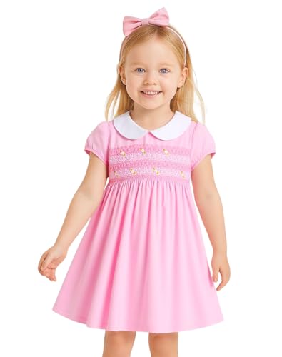 HILEELANG Little Girl Easter Dress Summer Short Sleeve Pink Peter Pan Collar Smocked Playwear Party Sundress 6 Years