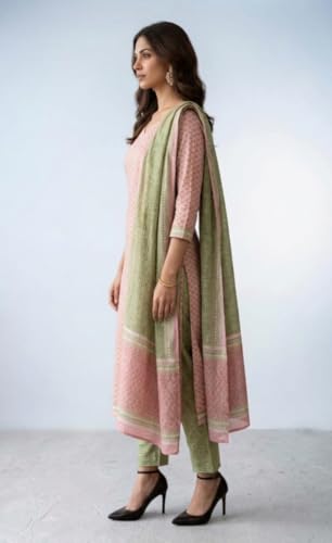 Image of Eddika women unstitched hand block printed cotton suit set with mulmul dupatta ehbpcswmd0120P