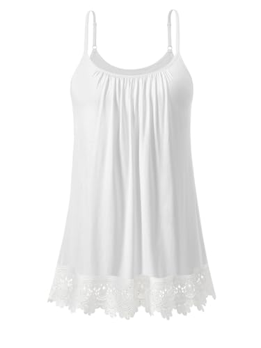 AMVELOP Women's Camisole Tops Built in Bra Casual Flowy Lace Tank Adjustable Strap Pleated Cami Sleeveless Summer Outfits 2025 White L