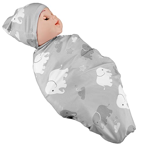 Image of TANOFAR Newborn Swaddle Blanket with Beanie Set,Soft Stretchy Blanket for 0-3 Months Baby Boys and Girls Gray Elephant