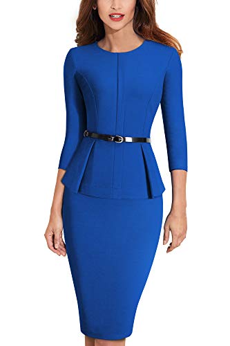 HOMEYEE Elegantes Damen Schößchen mit Rundhalsausschnitt Businesskleid B473 (EU 40 = Size L, Blau)